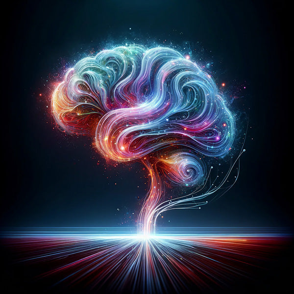 Colorful brain-shaped figure with a bright light at the center on a dark background