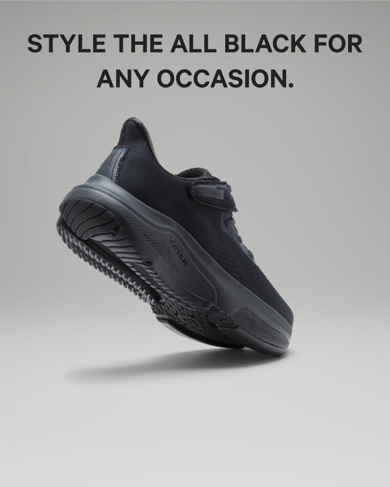 Black sneaker on a gray background with text 'STYLE THE ALL BLACK FOR ANY OCCASION.'