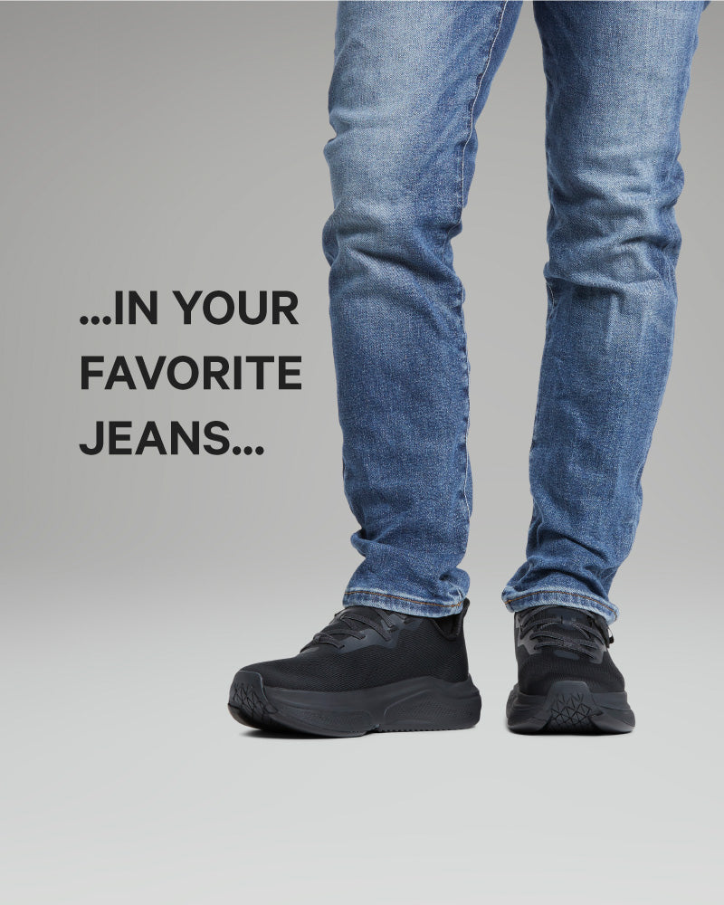 Person wearing blue jeans and black shoes on a gray background with text '...IN YOUR FAVORITE JEANS...'.