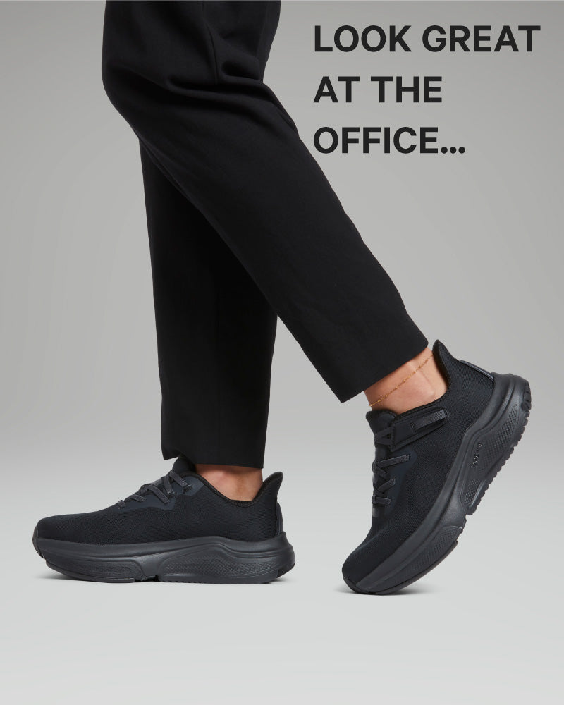 Person wearing black shoes and black pants on a gray background with text 'LOOK GREAT AT THE OFFICE...'.