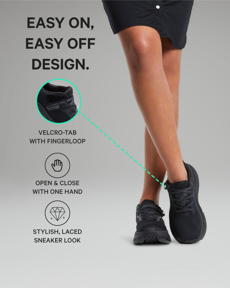 Black sneakers with velcro tab and fingerloop design on a gray background