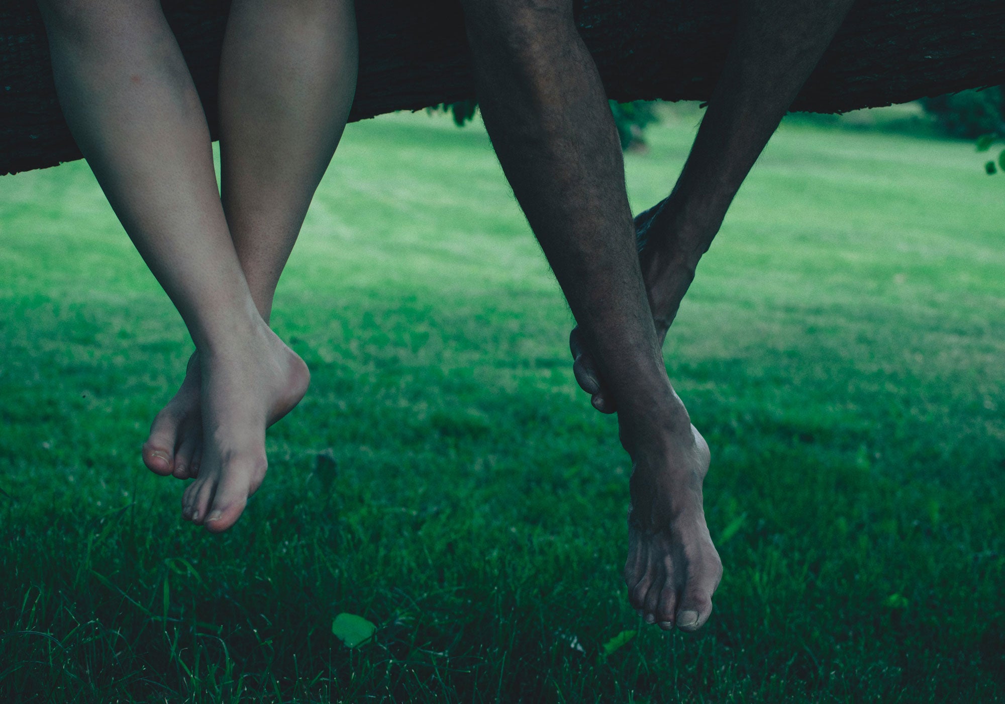 Two people sitting on a tree dangling their legs