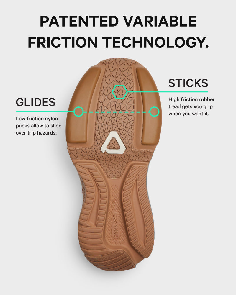 Shoe sole with patented variable friction technology on a white background