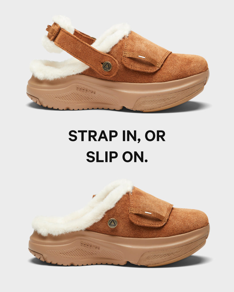 Brown slippers with white fur lining on a light gray background