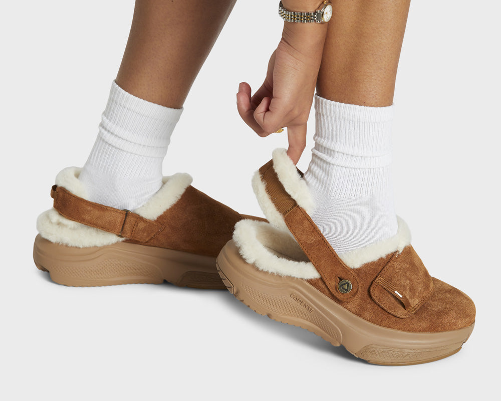 Brown slippers with white fur lining worn with white socks on a light background