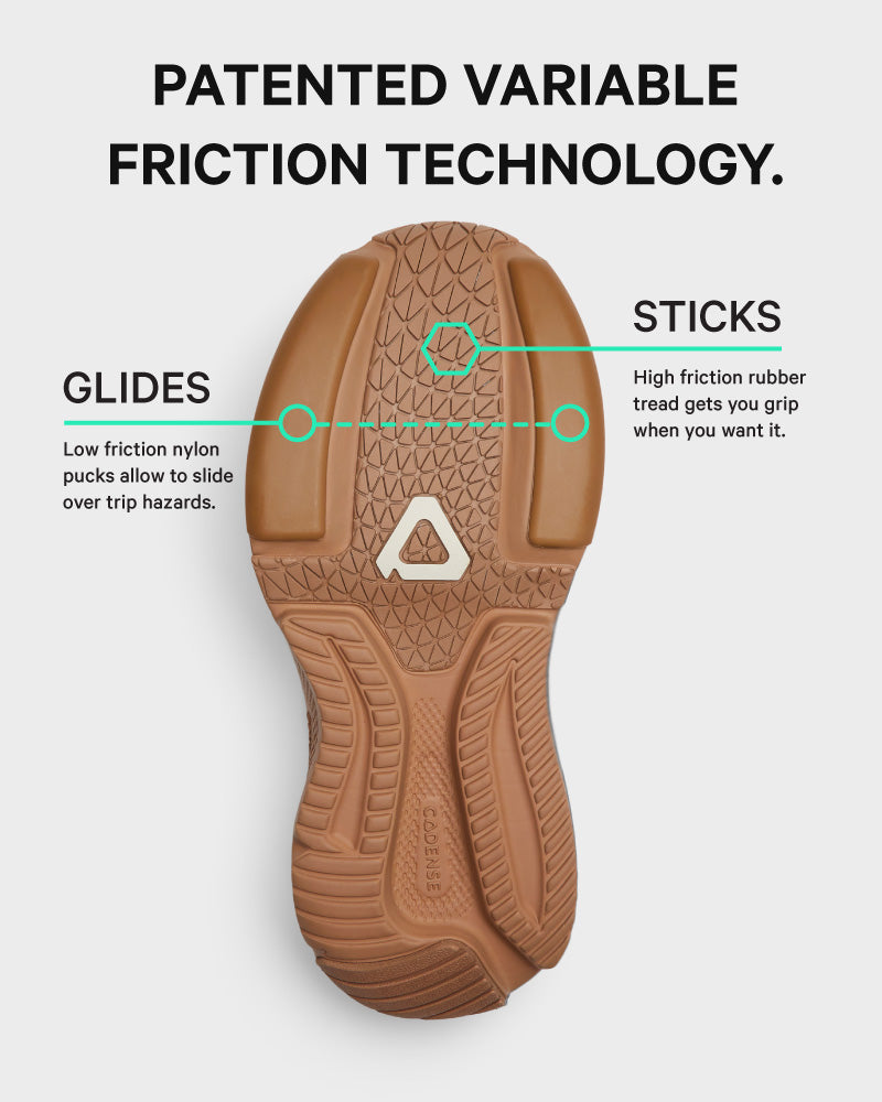 Brown shoe sole with friction technology explanation on a white background
