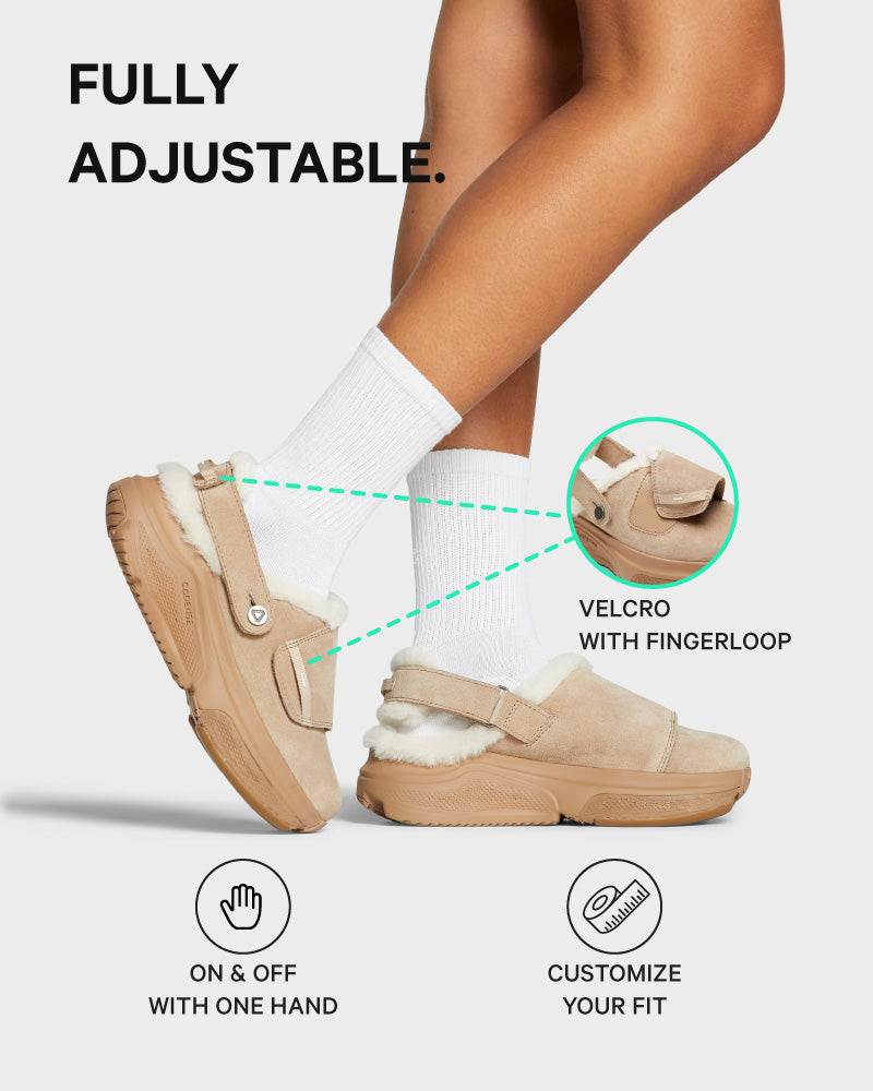 Beige winter slippers with adjustable features on a light gray background