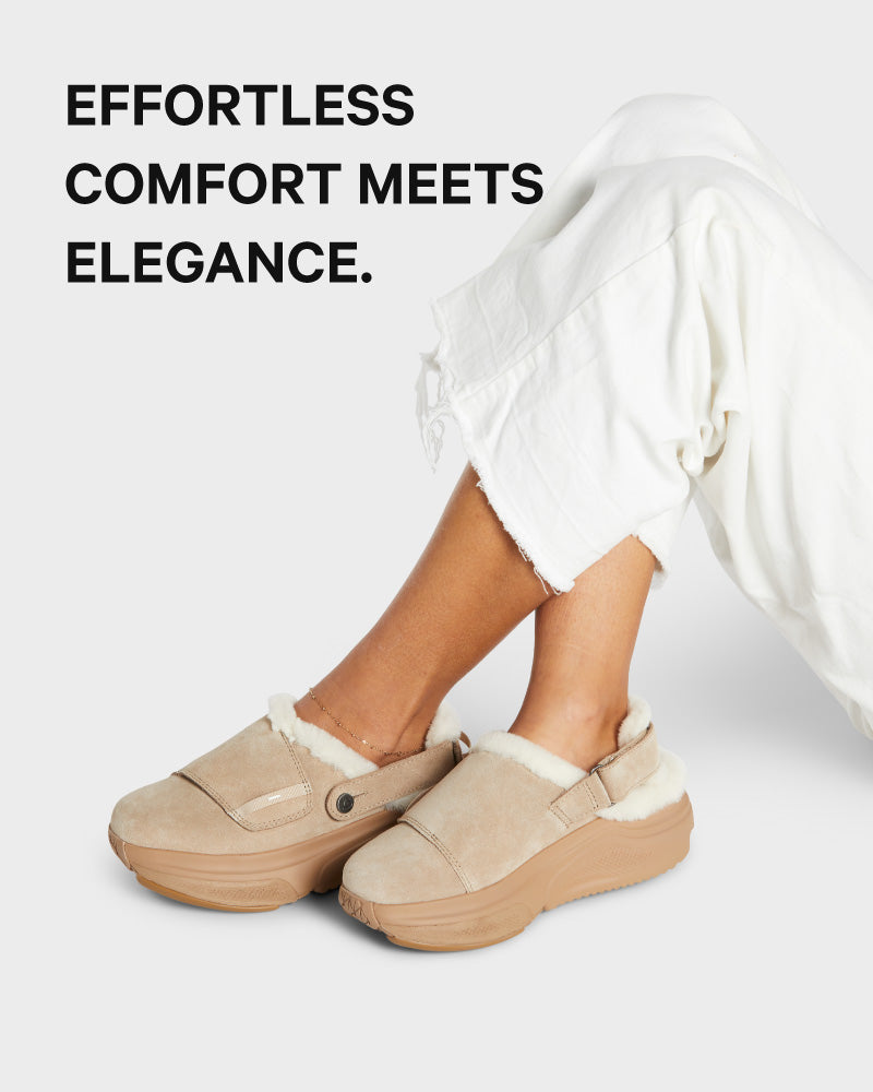 Beige platform shoes worn with white pants on a light gray background, with text 'Effortless Comfort Meets Elegance'.