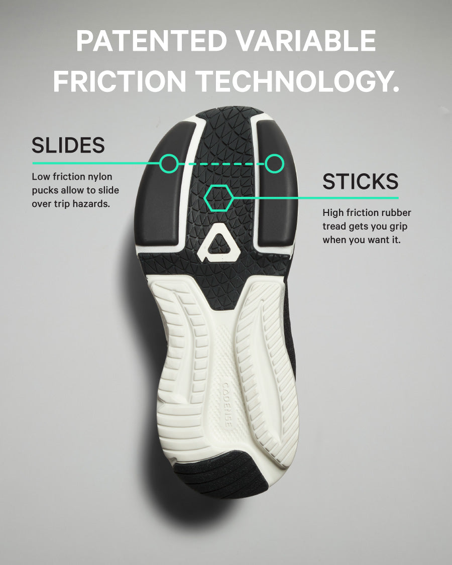 Shoe sole with patented variable friction technology on a gray background