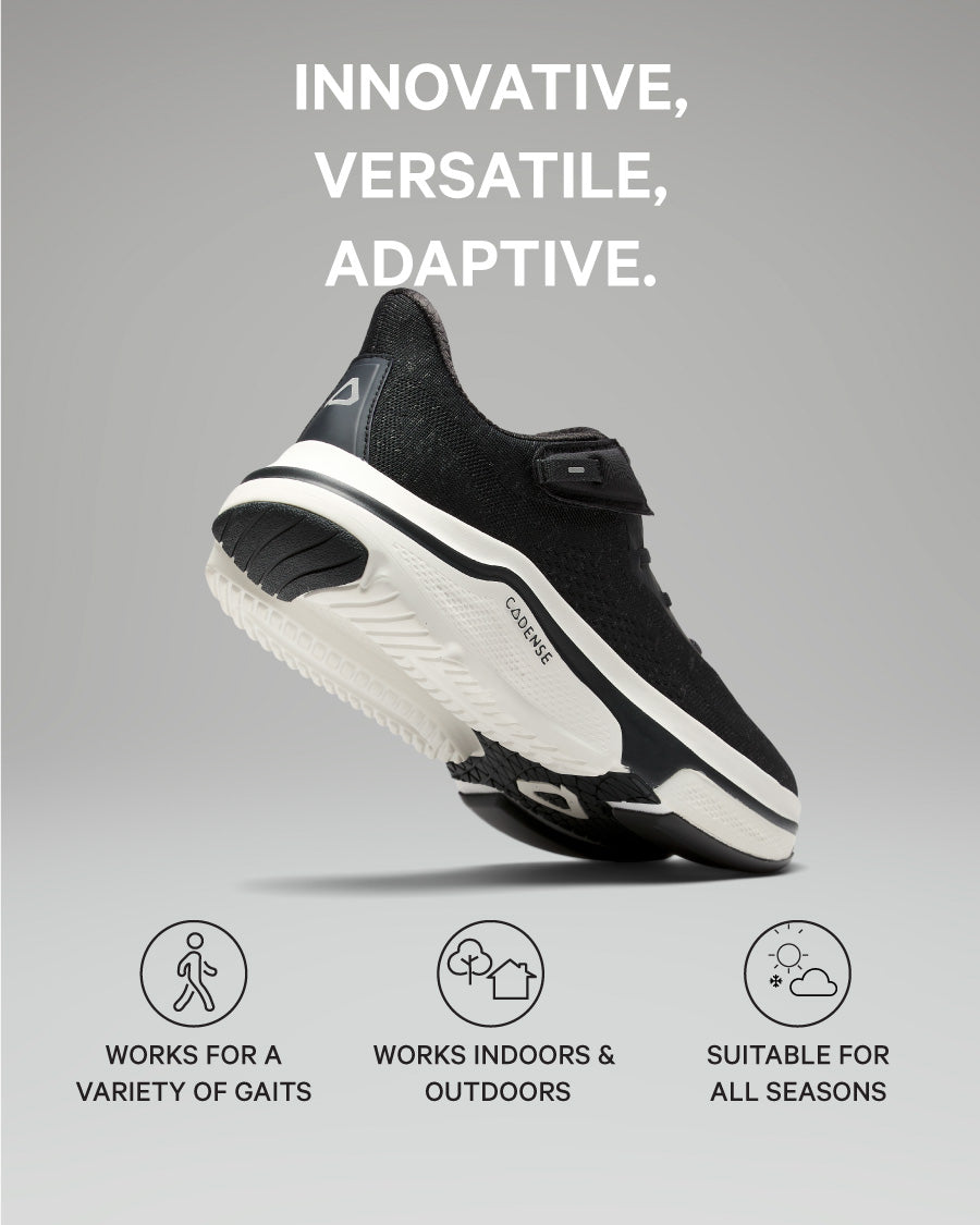 Black and white athletic shoe on a gray background with text highlighting features.