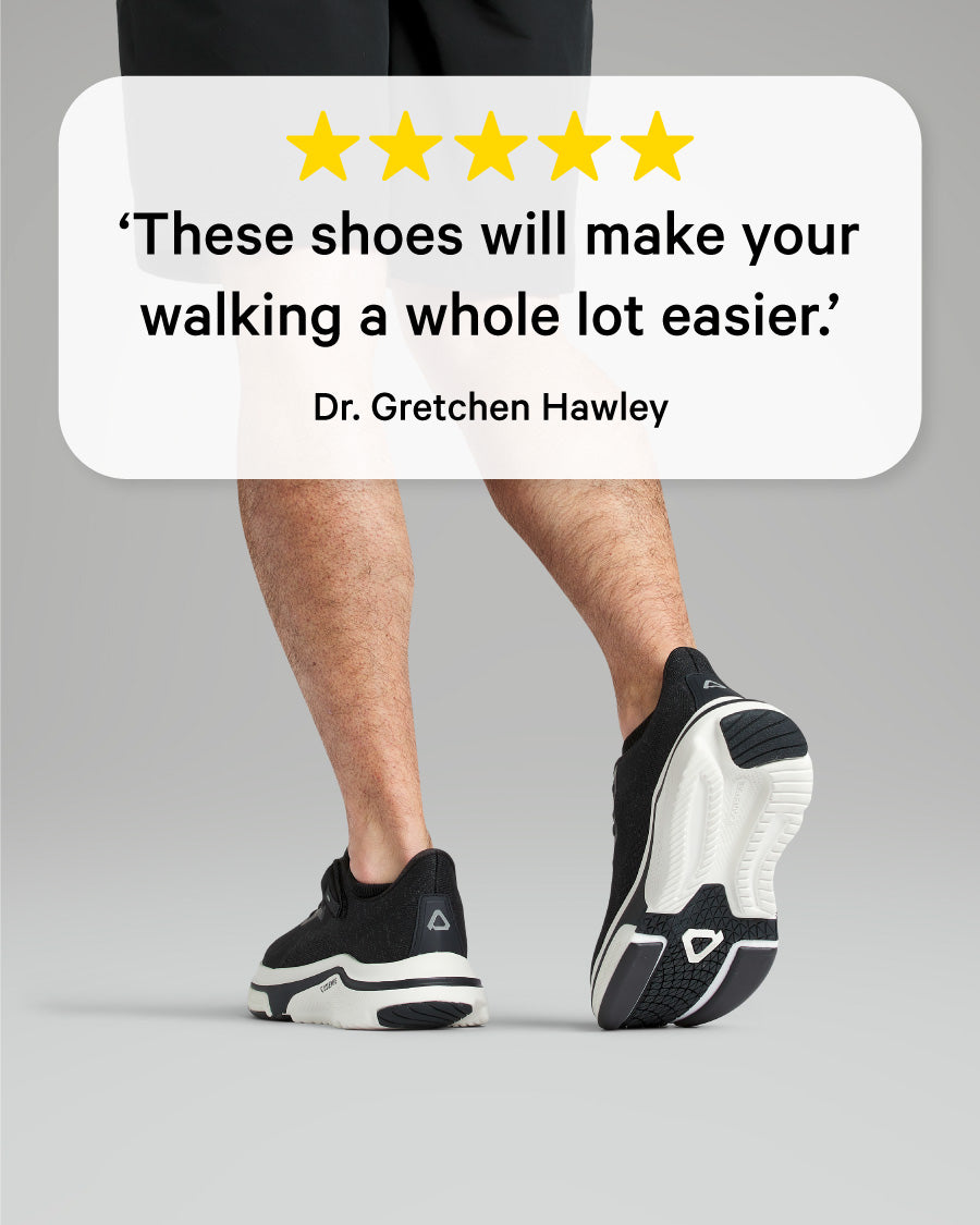 Person wearing black athletic shoes with a quote from Dr. Gretchen Hawley on a gray background