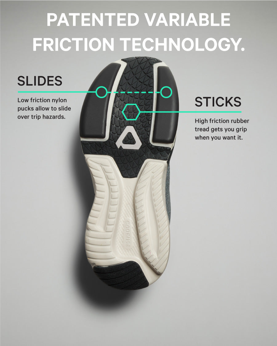 Shoe sole with patented variable friction technology on a gray background