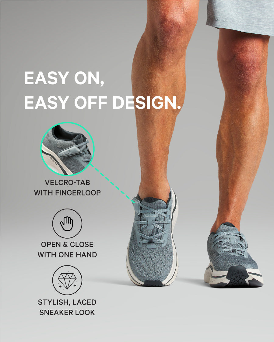 Person wearing gray sneakers with text highlighting features on a gray background