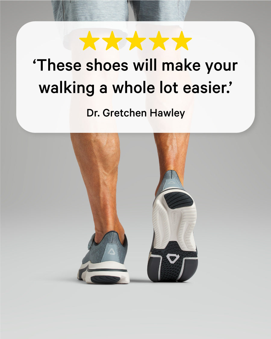Person wearing gray athletic shoes with a five-star rating and review quote on a gray background