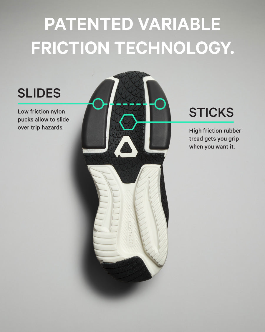 Shoe sole with patented variable friction technology on a gray background