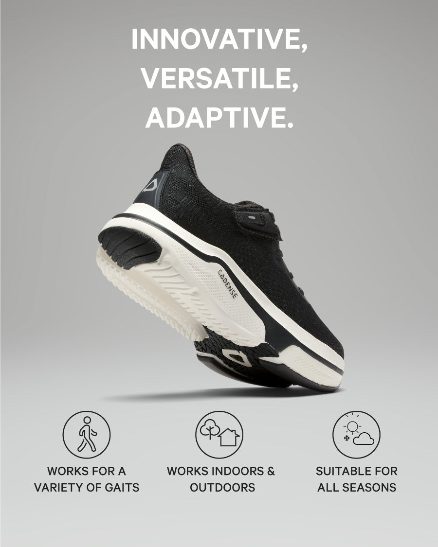 Black and white sneaker with text 'Innovative, Versatile, Adaptive' on a gray background