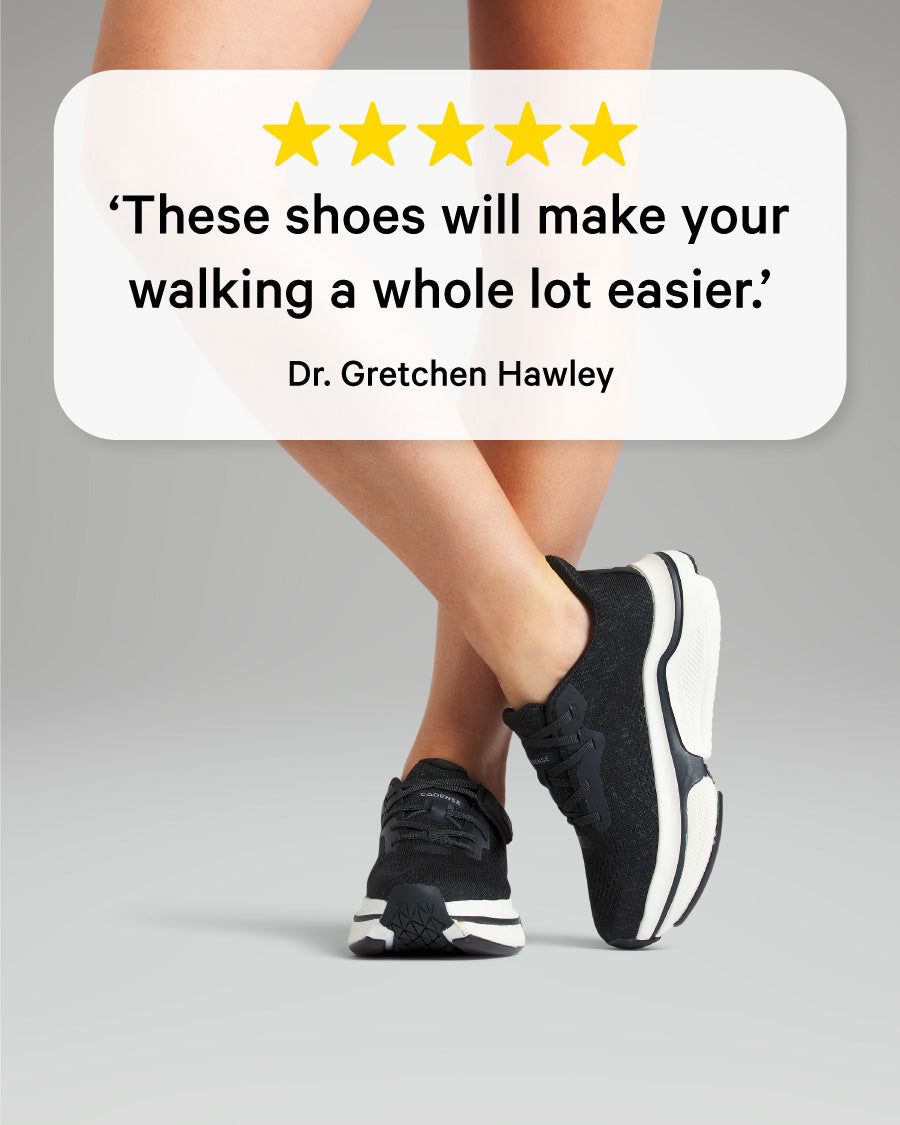 Person wearing black sneakers with a quote from Dr. Gretchen Hawley about shoes making walking easier on a gray background.