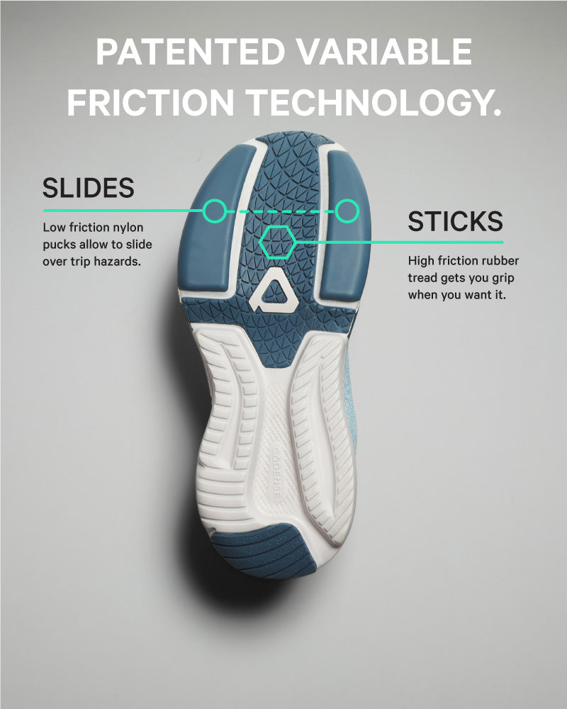 Shoe sole with patented variable friction technology on a gray background