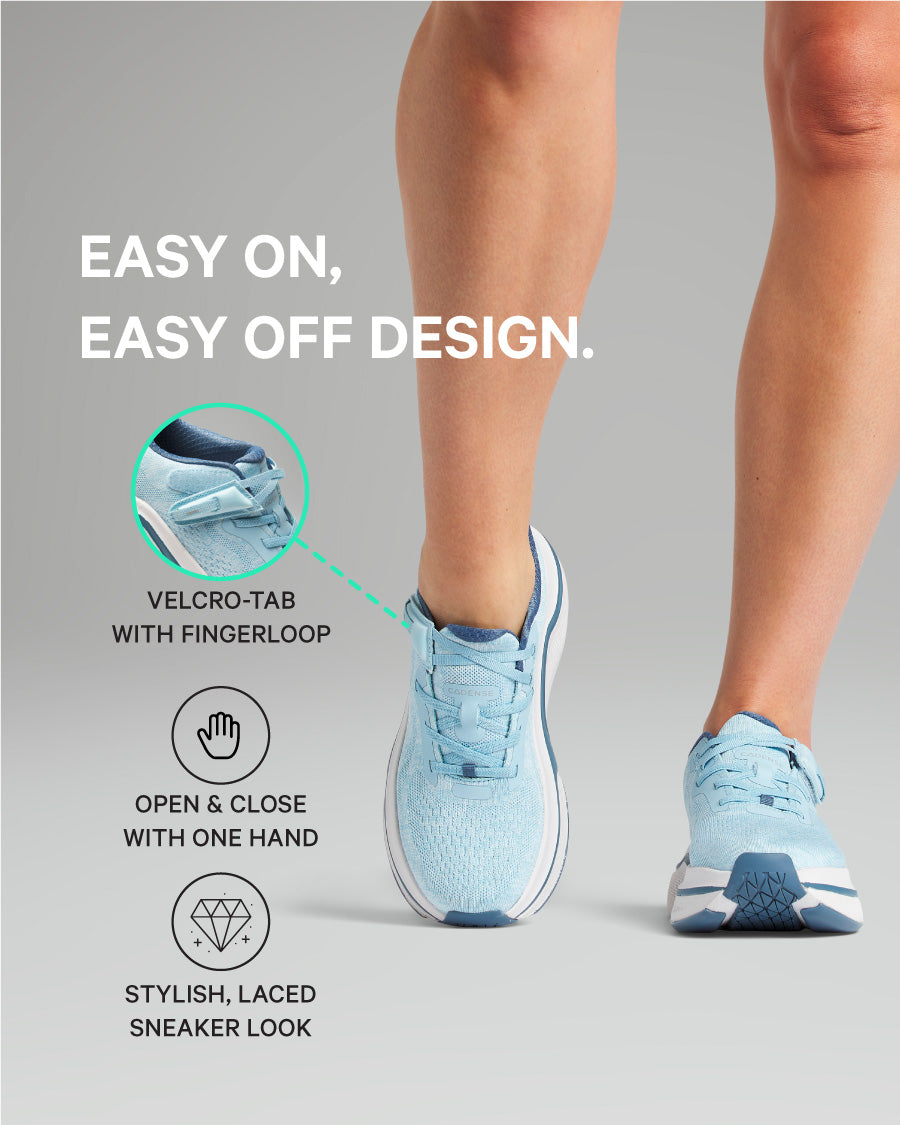 Light blue sneakers with text highlighting features on a gray background