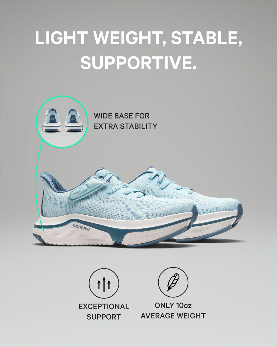 Light blue running shoe with text highlighting features on a gray background