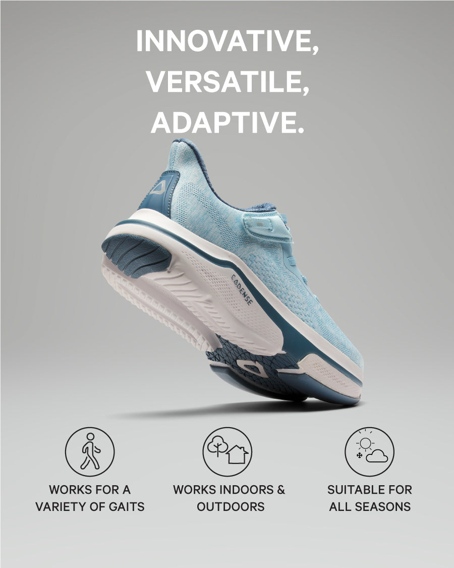 Blue athletic shoe on a gray background with text highlighting features.