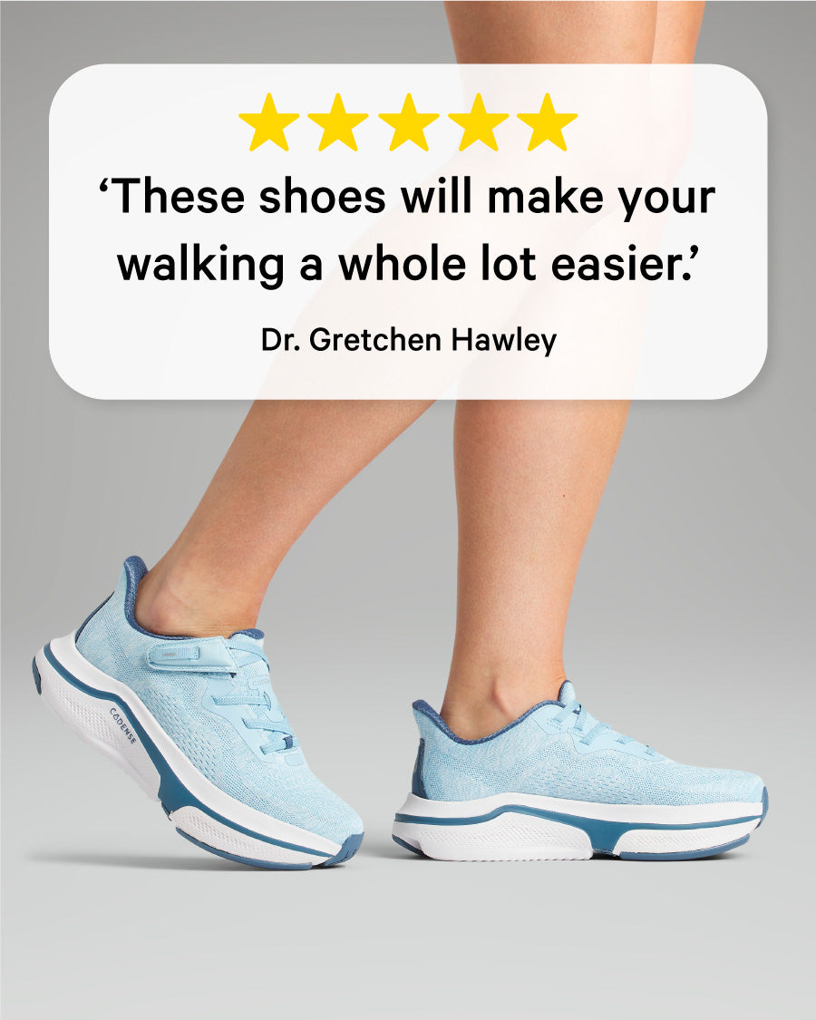 Blue athletic shoes worn by a person with a quote from Dr. Gretchen Hawley on a gray background