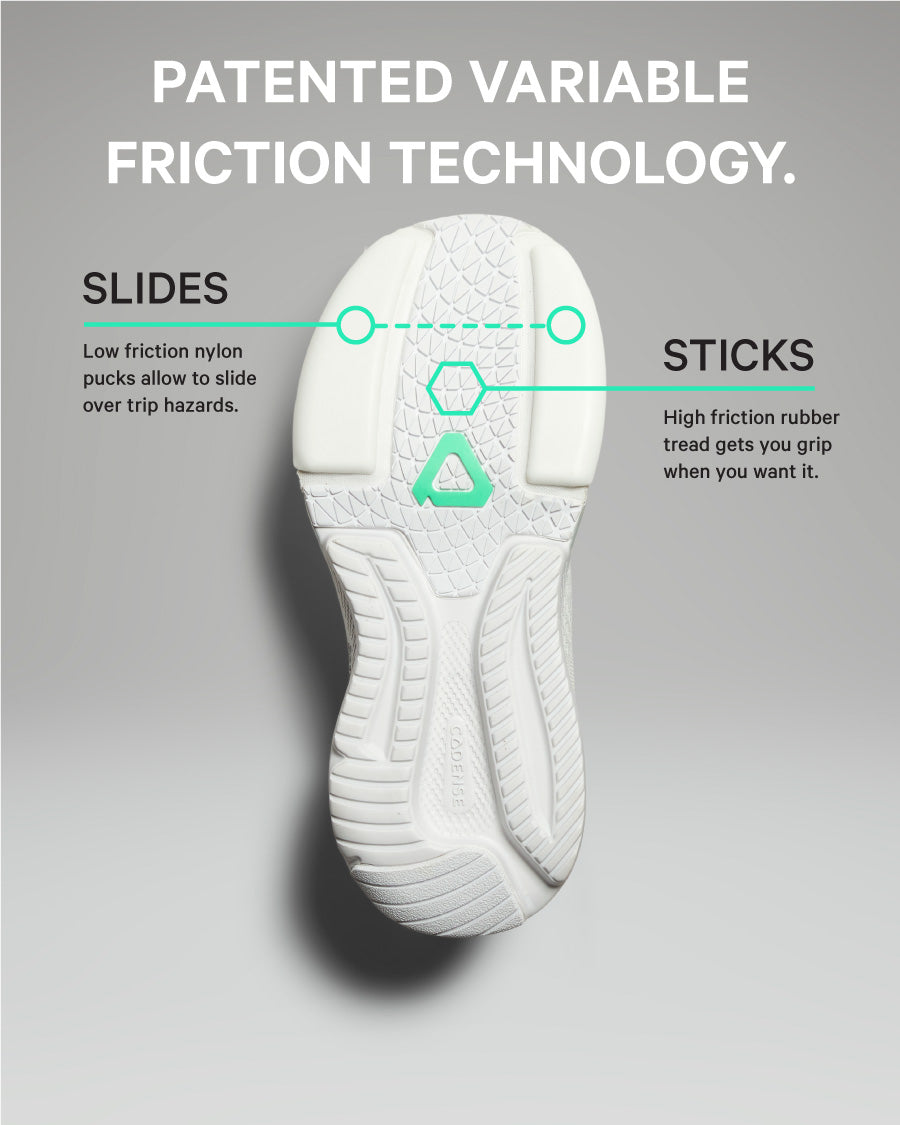 White shoe sole with friction technology explanation on a gray background