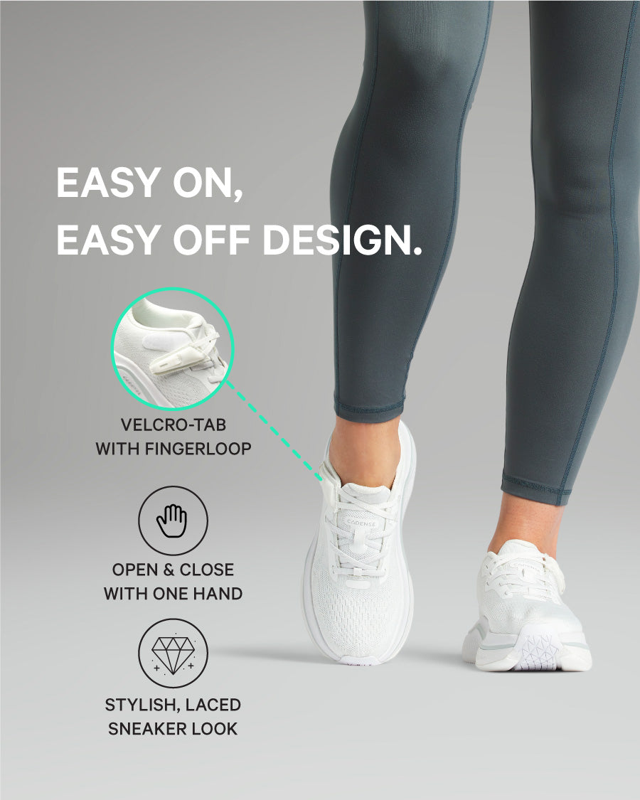 Person wearing gray leggings and white sneakers with text highlighting design features on a gray background