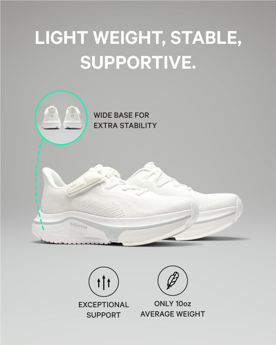 White sneakers with text highlighting weight, stability, and support on a gray background