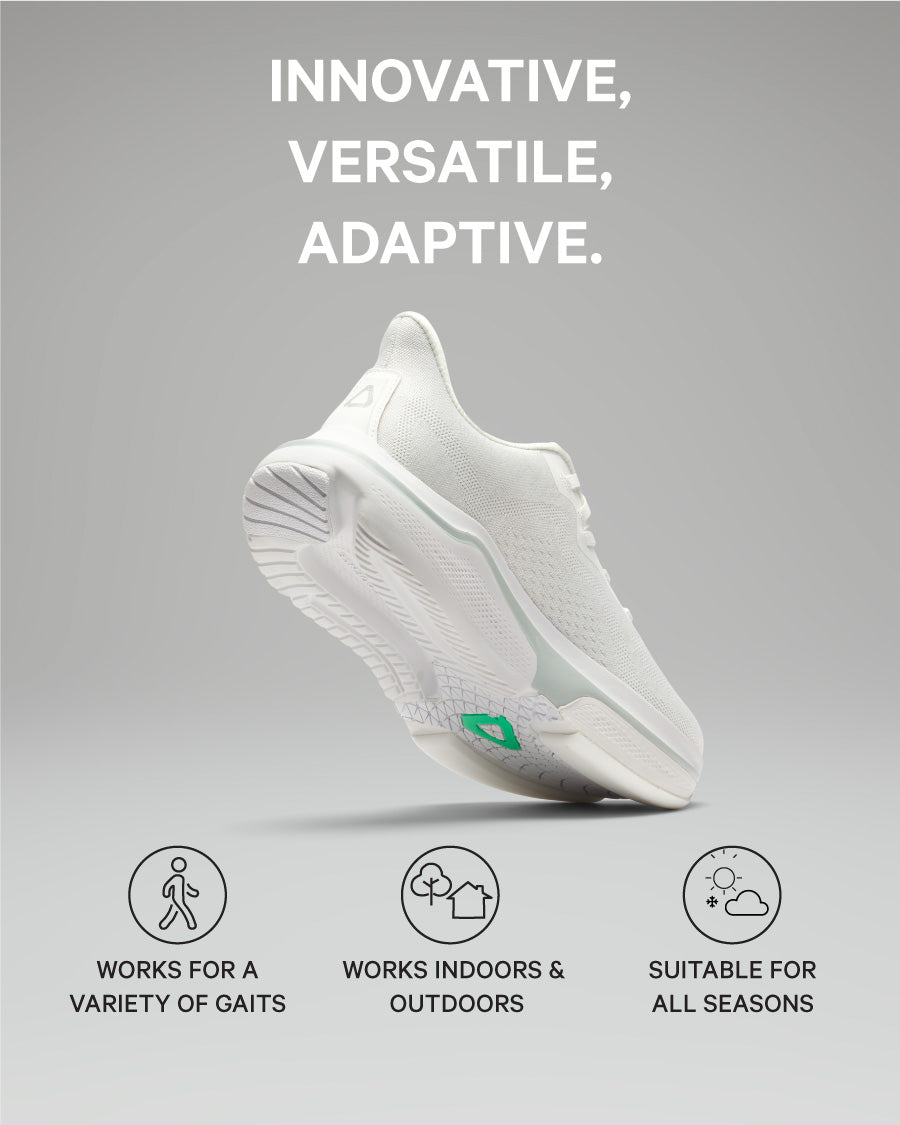 White athletic shoe on a gray background with text and icons about shoe features.