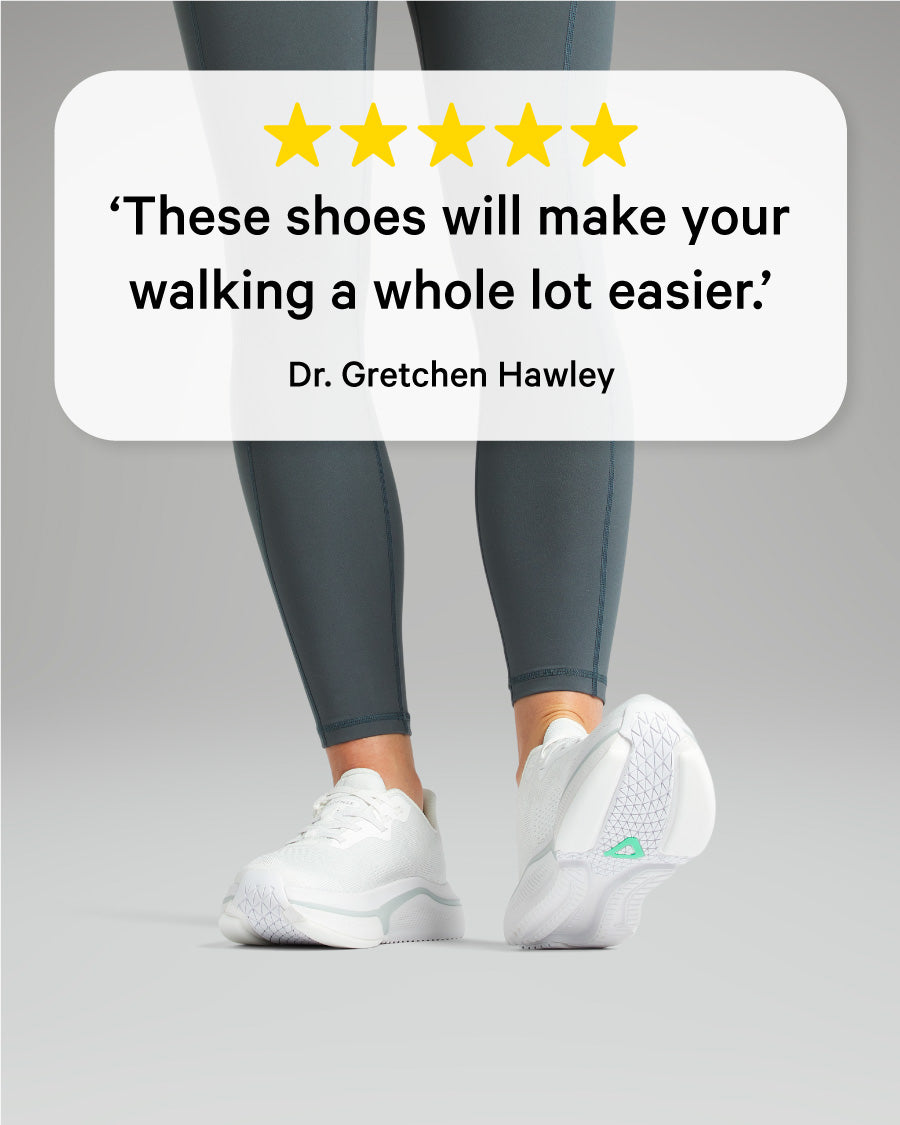 Person wearing white sneakers with a gray background and a quote about shoes making walking easier.