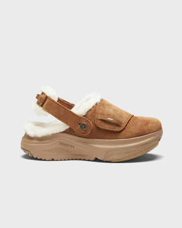 Brown slip-on shoe with white fur lining on a light gray background